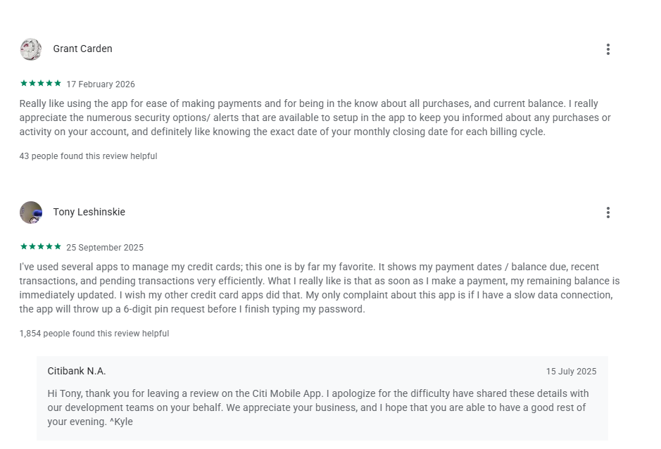 Citi Mobile® positive feedback