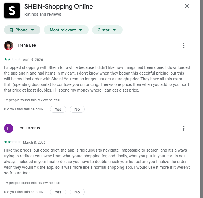 shein app user reviews complaining about pricing confusion and navigation issues